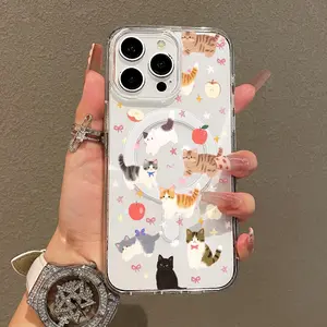 Soft Girl Magnetic Case for iPhone11/12/13/14/15/16/17/promax, Kitten Apple Star Pattern Lightweight, Drop-Proof, MagSafe Compatible | Perfect for Teen Girls