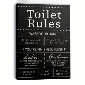1 Piece Framed Toilet Rules Bathroom Etiquette Poster--English Hygiene Guide Sign, with Hook Frame, Suitable for Restroom, Makeup Room, Bathroom Decoration, Suitable for Public and Private Bathrooms, Office, School, Airport, Hospital, Canvas Wall Art
