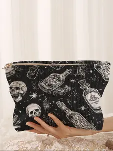 Skull Print Corduroy Makeup Bag, Cute Cartoon Style, Handheld Cosmetic Pouch, Cosmetic Bag For Purse, Lightweight Multi-Functional Fashion Casual Cosmetic Pouch, Travel Organizer