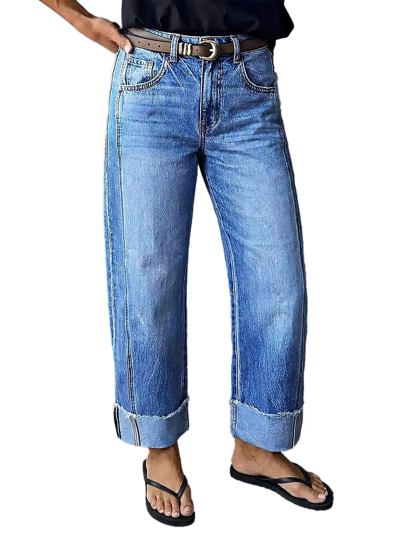 SANIME Women's High-Waisted Straight-Leg Vintage Washed 2-Tone Loose Fit Streetwear Basic Long Pants Jeans with Pockets, Loose Rolled Hem - Casual Everyday Denim Bottoms