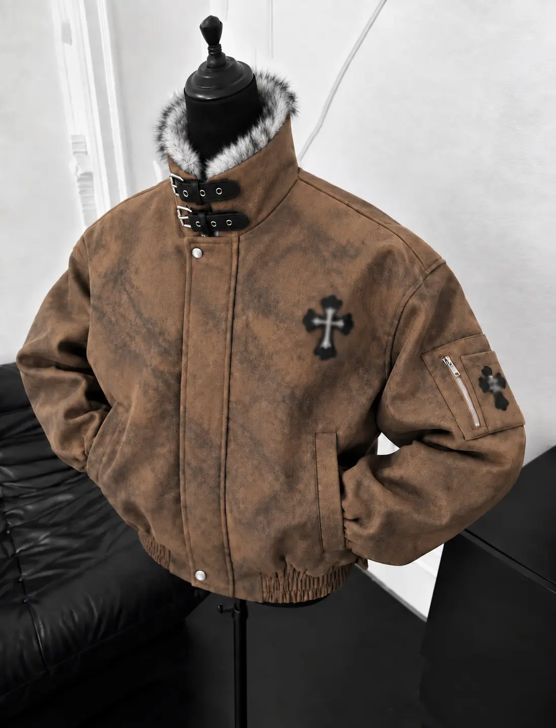 Vintage Racing Jacket Men Tie Dye Faux Leather Jacket Cross Patch Streetwear Coat Fur Collar Y2K Motorcycle Biker Jacket Oversized Gothic Punk Hip Hop Casual Winter Outerwear Retro Unisex Fashion Coat