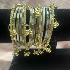 Vibrant Style Set: 12 Kashmiri Glass Bangles & 4 Gold-Tone Accent Pieces