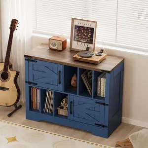 Garvee 39" Large Vinyl Record Player Stand with Vinyl Storage, Farmhouse Wood Turntable Record Player Stand with Storage Cabinet and 2 Barn Doors to 450 Albums for Living Room Bedroom, Navy Blue