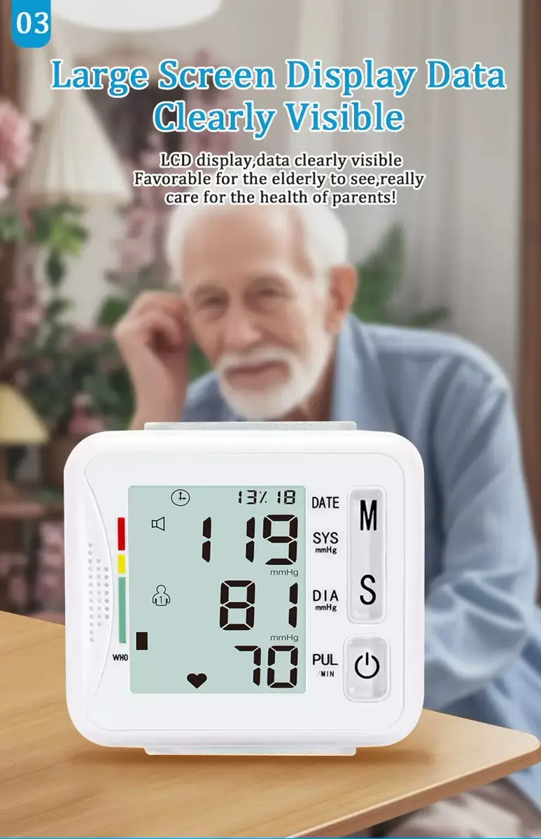 Product Introduction of Wrist Blood Pressure Monitor, Digital BP Machine with LCD Display, Adjustable Cuff, Pulse Rate & Irregular Heartbeat Detection, Large Screen, One-Touch Operation, Battery-Powered, Portable Cuff for Home Health, Hypertension & Heart Care. Healthcare Kit 5