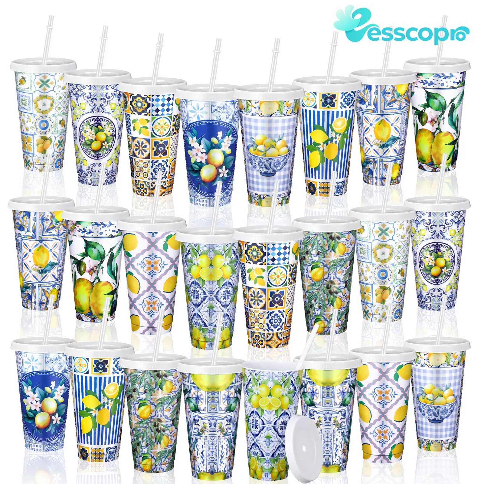 E ESSCOPRO 72 Pcs/24 Set Capri Lemon Plastic Cups with Lids and Straws 24 oz Blue Tiles Italian Lemon Mediterranean Mugs for Amalfi Coast Citrus Fruit Party Bridal Baby Shower Wedding Supplies
