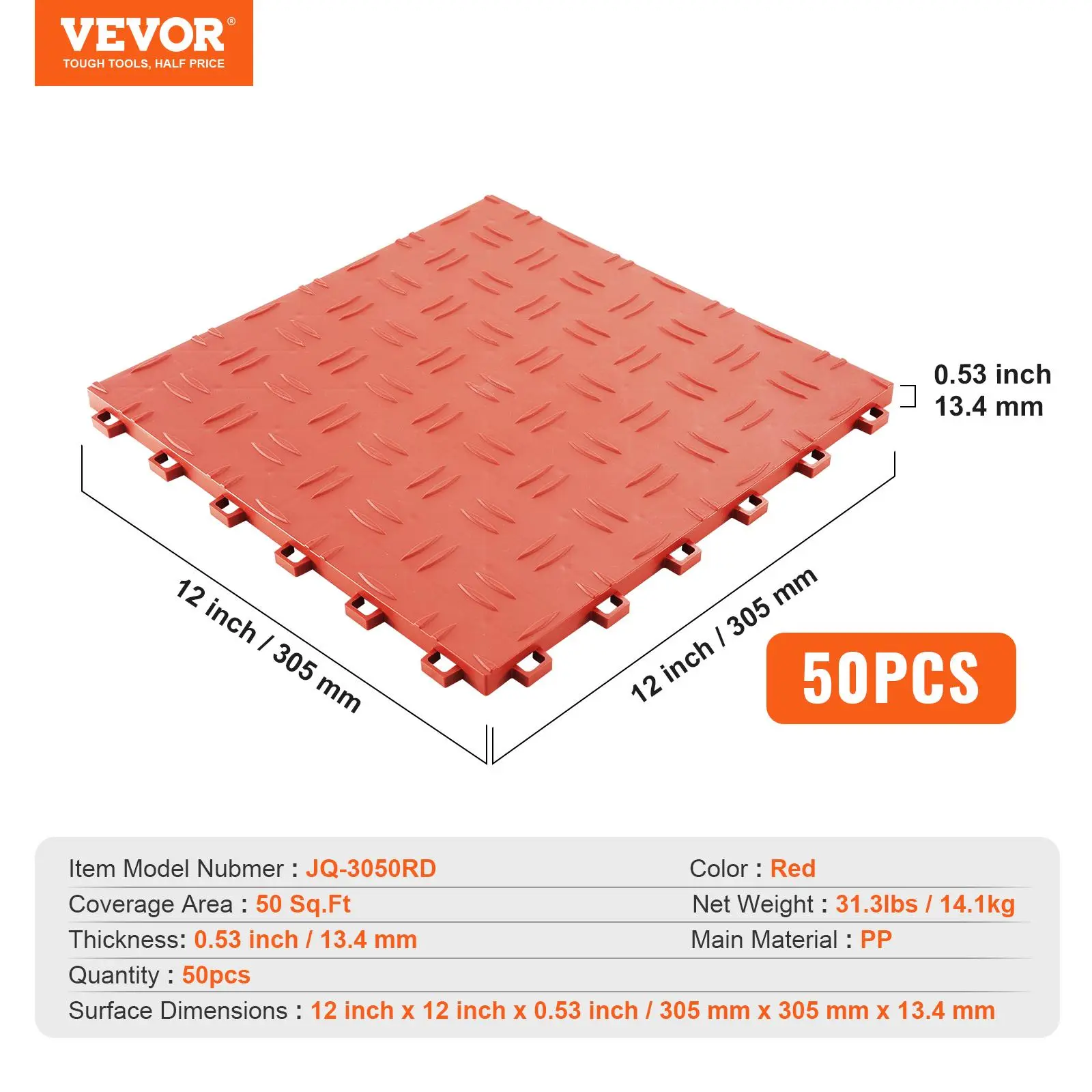 【summerfinds】VEVOR Garage Tiles Interlocking, 12 x 12 x 0.53 inch 50 Pack Garage Floor Covering Tiles, Non-Slip Double-Sided Texture Garage Flooring Tiles, for Garages, Basements, Repair Shops, Red