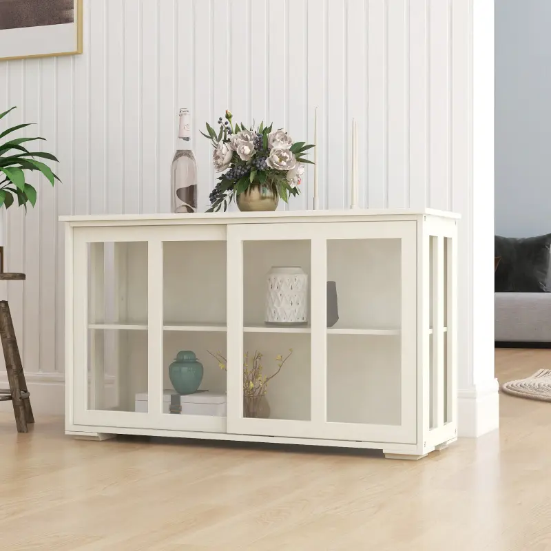 Modern Storage Cabinet - White Sturdy Indoor Furniture with Glass Panels Sliding Door, Kitchen Self-Assembly Storage Stand