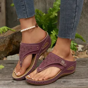 Women's Hollow Out Wedge Flip Flops, Summer Casual Platform Beach Sandals