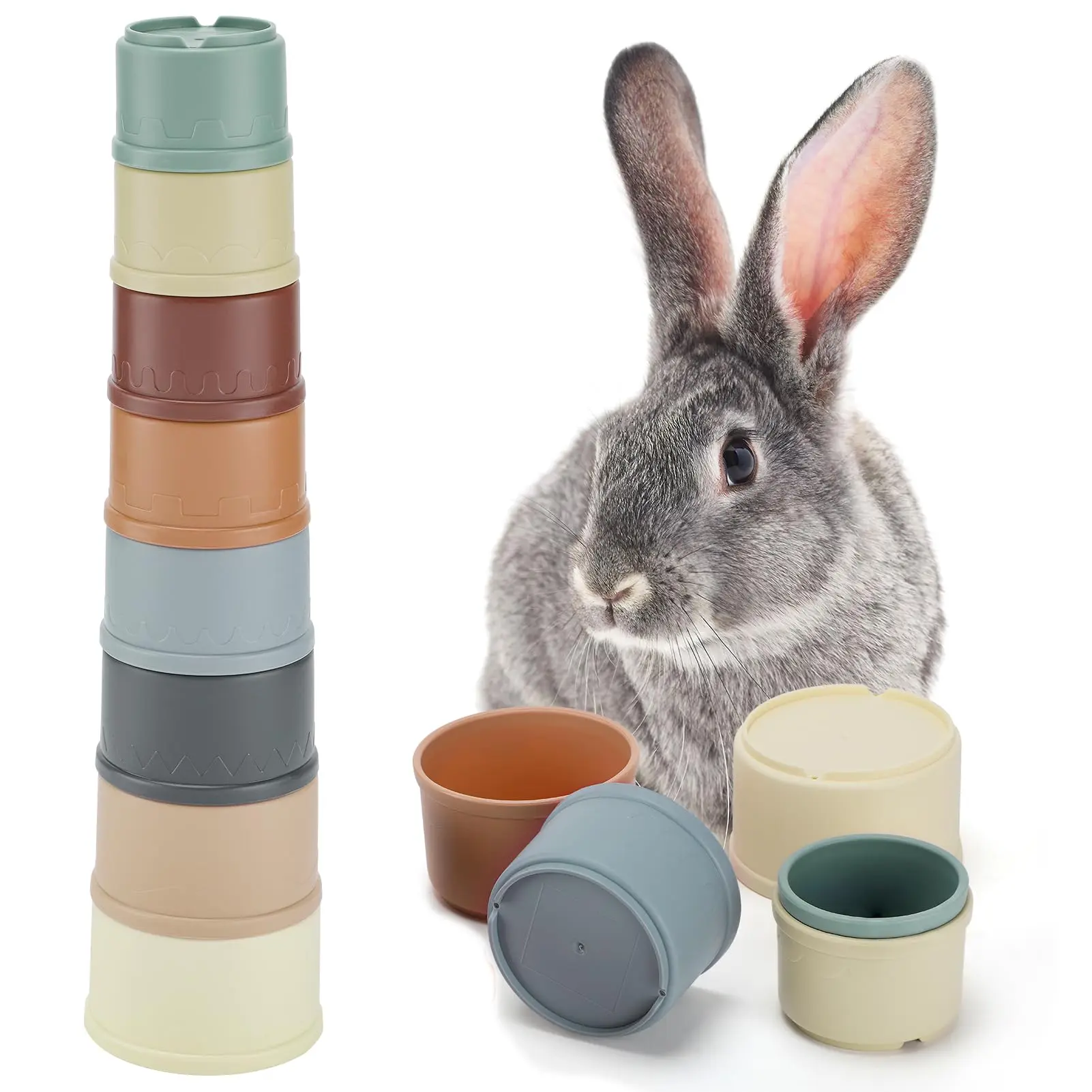 8 Pcs Small Animal Stacking Cups Bowls - Reusable Safe Durable Plastic, 13.2in/33.5cm Tall Compact Stack, Food Hideout, Indoor Outdoor Feeding Supplies, Engaging Rabbit Toy, Random Colors, Wash-Safe Easy Cleaning