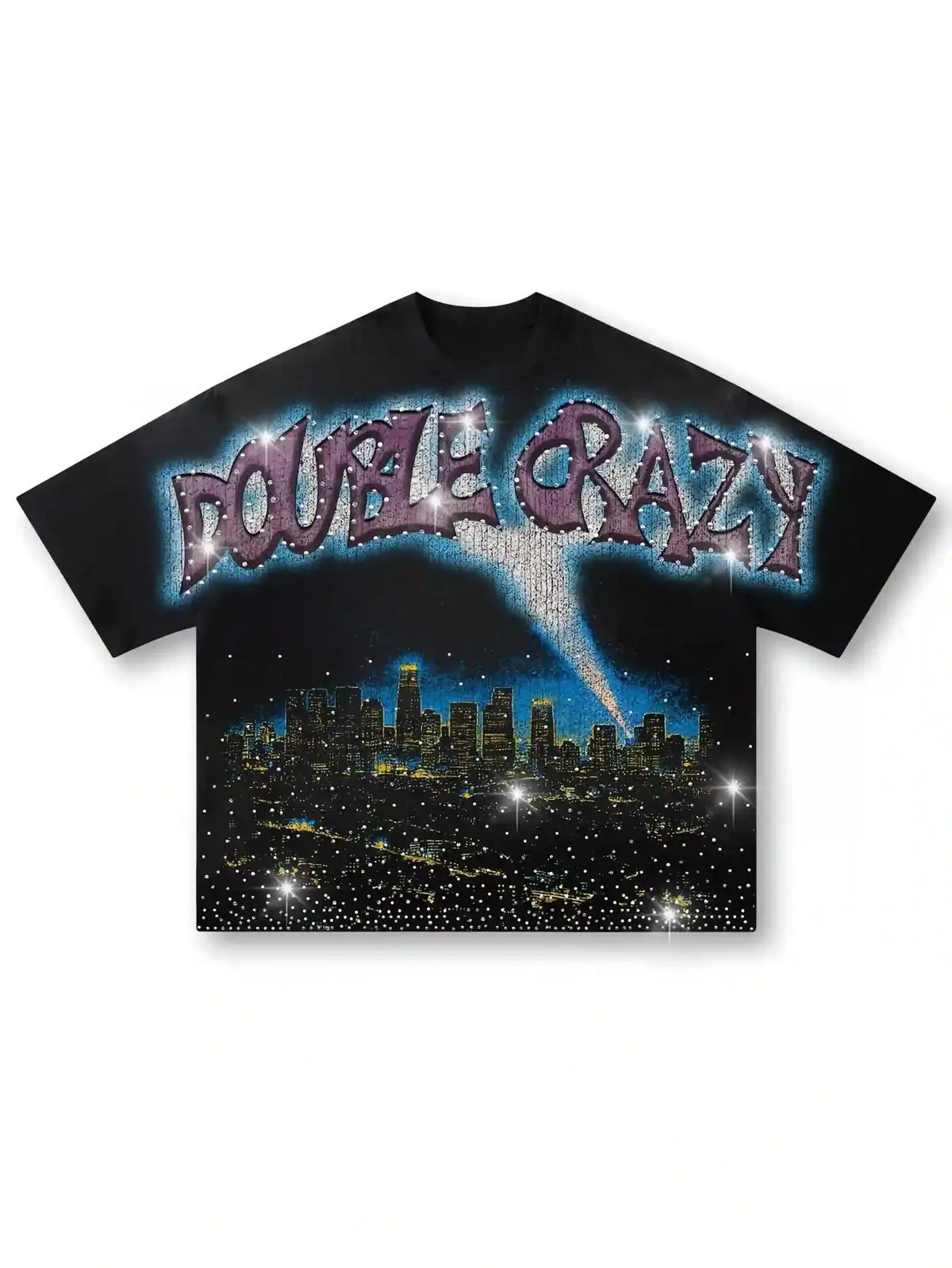 Y2K Streetwear Sparkle Graphic Tee Unisex Oversized Black Short Sleeve T-Shirt Premium Cotton Blend Heavyweight Glitter City Skyline Print Hip Hop Retro Casual Top Gift