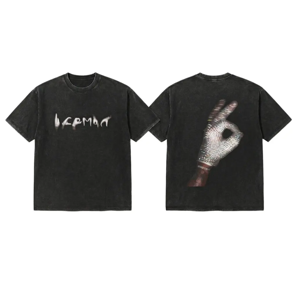 LH Lab Men's "ICEMAN" Shimmering Glove Print T-Shirt - Streetwear Heavyweight Distressed Dual-Sided Acid Wash Vintage Black Menswear Tee for Retro Cyber Grunge Rap Fans, Flash, Frozen, Tshirt, Shortsleeve, Seamless