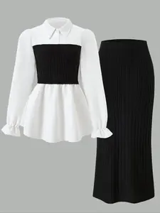 Women's Retro Style Two-Piece Set, Shirt Collar Lantern Sleeve Knit Top & Split Hem Skirt, Fall Winter Fashion, Womenswear, Outfit