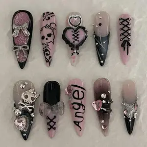 S94 Katy Nails – Creepy Cute Press-On Nails, Black & Pink Gothic Angel Theme, 3D Skull, Heart & Bow Details, Lace-Up Accents, Handmade Nail Art, Gift For Her