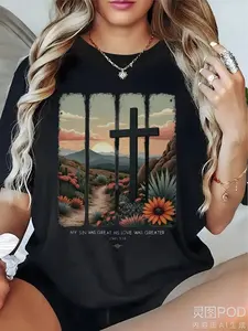 Men'S & Women'S Christian Faith T-Shirt - 100% & Desert Flower Design with Spanish Crosses & John 3 16 Bible Verse - Casual Church Wear, Spring Summer Comfort Fit Religious Apparel - MachinSame style for men and women  summer short-sleeved