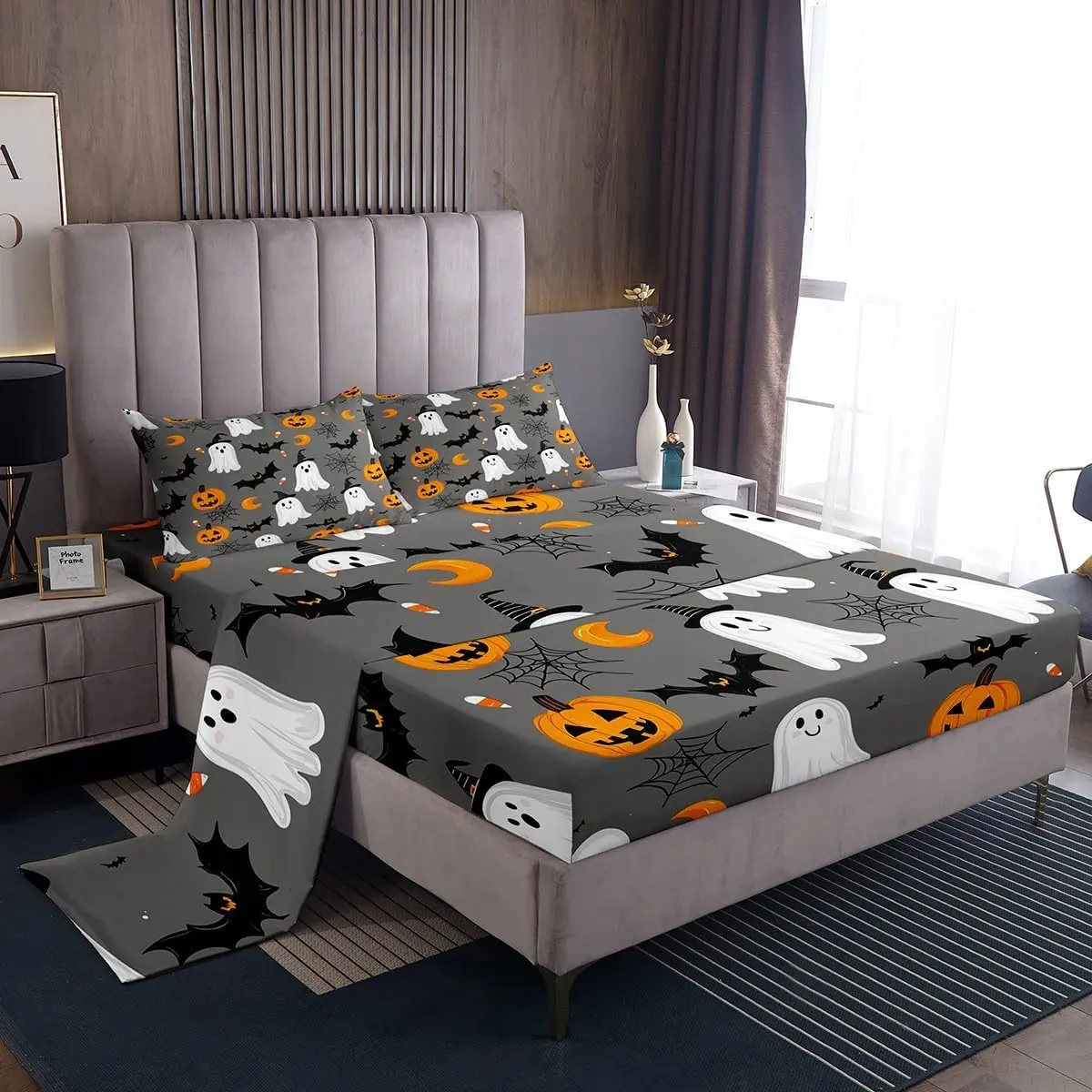 Feelyou Halloween Soft Breathable Comfy Bedding Set - Cute Ghost Print, 16-in Deep Pocket Soft Breathable Sheet, Pumpkin Lantern Theme, Bat, Spider, Cobweb Spooky Details for Kids, Bedding Sheets, Bed Linens