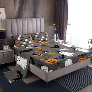 Happy Halloween Bed Sheets Set,Cute Ghost Bedding for Kids Teens,Pumpkin Lantern Bat Spider Cobweb Spooky Sheet with 16 Inch Deep Pockets