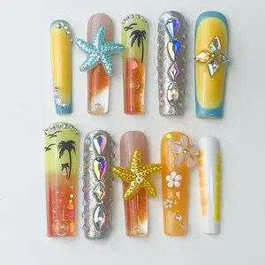 DiDazzle  Tropic Pop “Sunset Palm” Aquarium 1.7inch Press-On Nails – Yellow-Aqua Liquid Core Square Nails, Trending