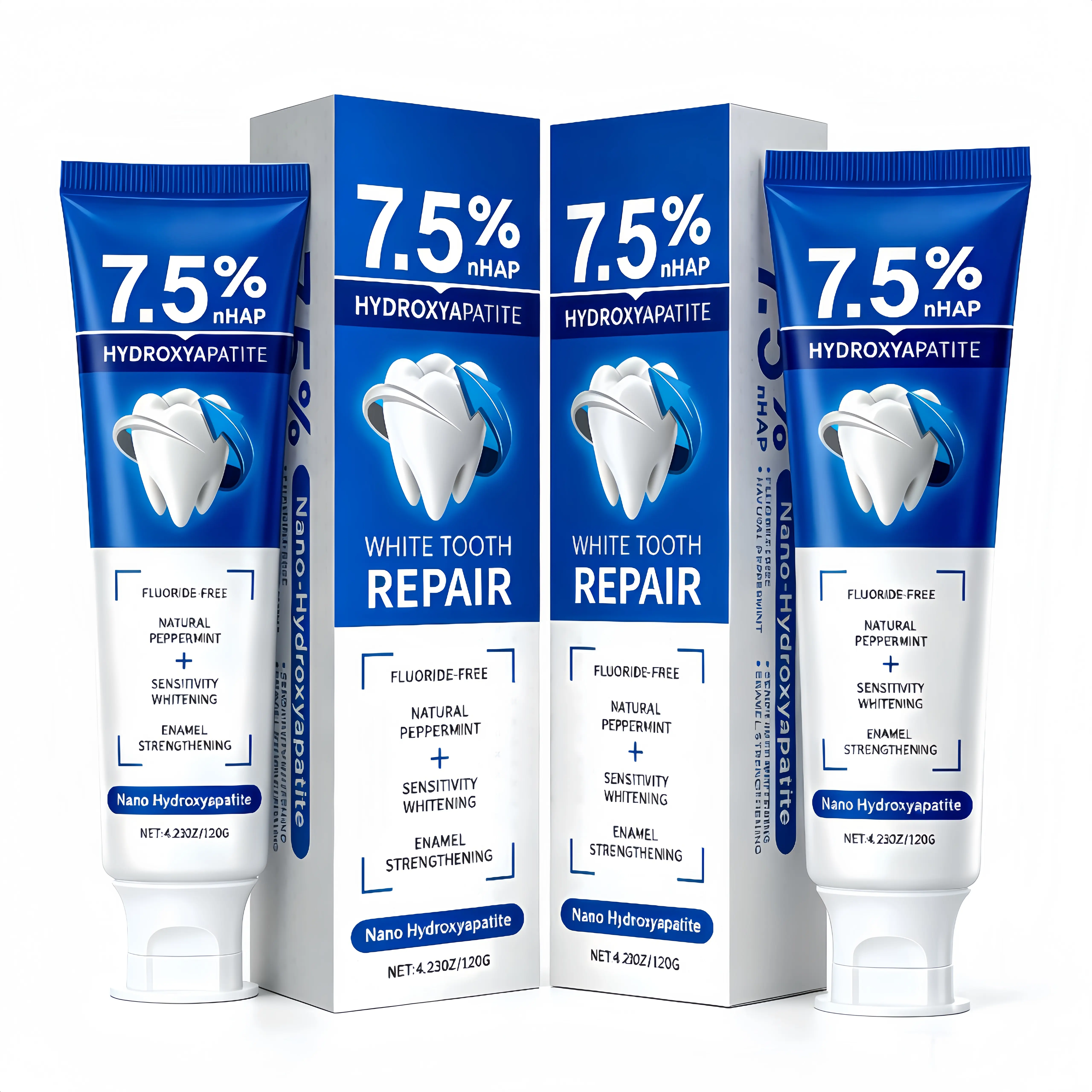 7.5% Nano Hydroxyapatite Whitening Toothpaste, Fluoride-Free Daily Oral Care Cream for Gum & Teeth Maintenance, Plaque & Bad Breath Removal, Gentle Mint Formula for Smooth Teeth Surface, 120g, Teeth Whitening