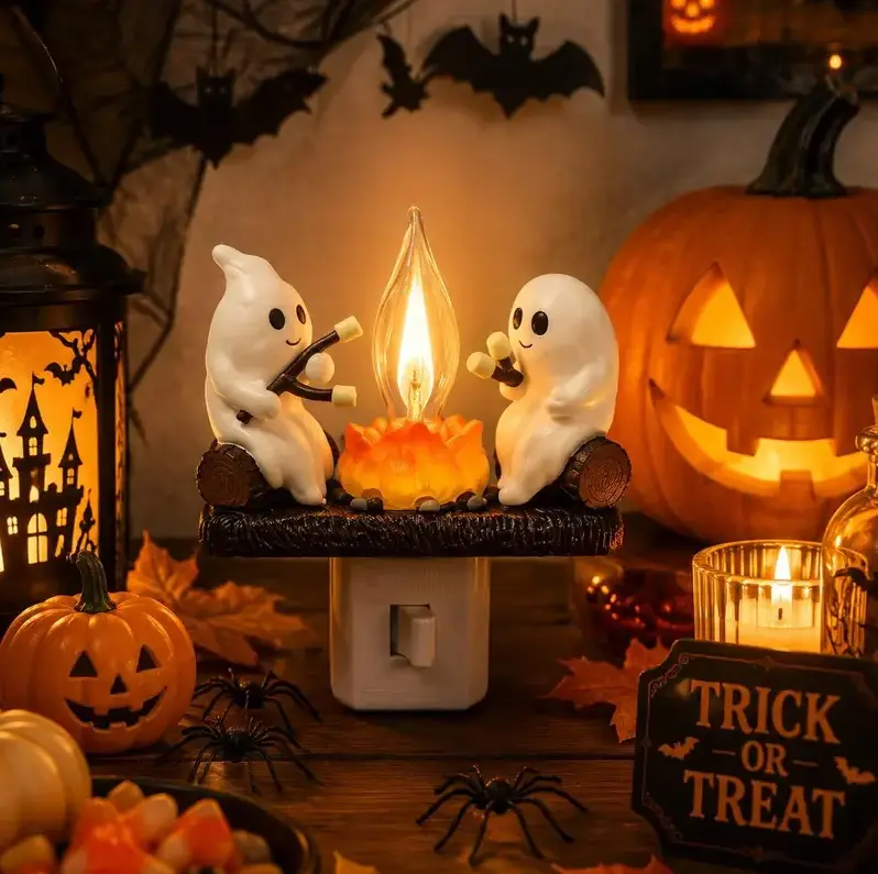 Halloween Night Light – Adorable Ghosts Around Campfire, Flickering Flame Effect, 3D LED Figurine Lamp, Great Gift for Halloween Lovers & Kids Ghost Halloween Decor