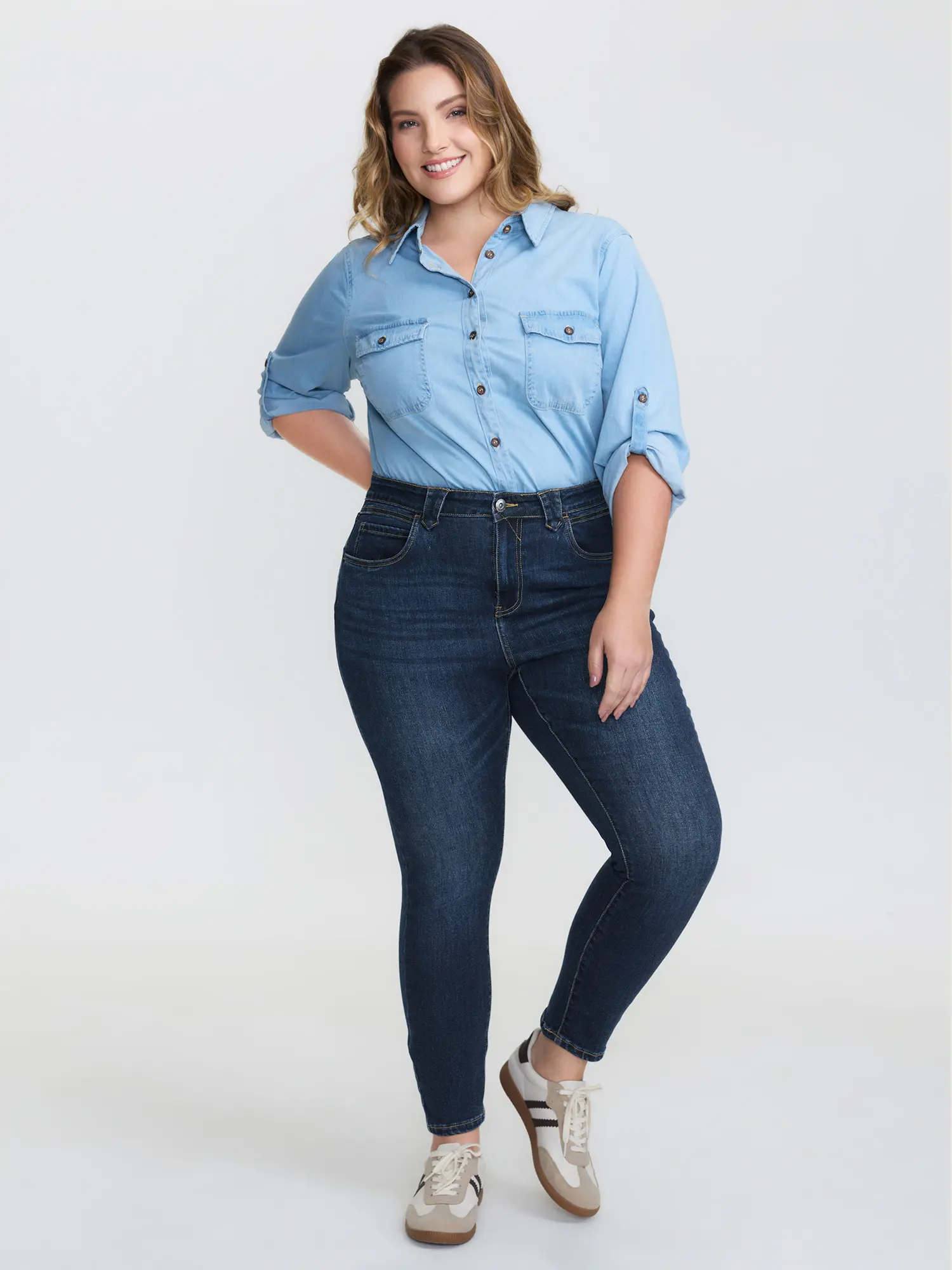 BloomChic Plus Size Bootcut Jeans, Mid-Rise Supersoft High Stretch Denim with Slanted Pockets, Full Length Dark Wash Bottoms, Plus Size Basics, Spandex, Fabric, Cotton Blend, Low Iron, Casual, Garment, Fit, Cold Wash, Do Not Tumble Dry, Mid Waist