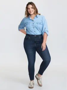 BlOOMCHIC plus size Supersoft Mid-Rise Everyday Bootcut Jeans Dark Indigo High Stretch Full Length Slanted Pocket 68% Cotton 28% Polyester 2.5% Rayon 1.5% Spandex Bottom Women Womenswear Denim 2 Spring Break Gift For Easter's Day Mother's Day, Fabric