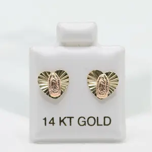 14K Gold 2 Tone Heart with Rose Virgen de Guadalupe Stud Earrings for Women