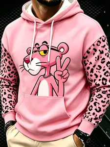 Men's Casual Leopard Print Hoodie, Spring & Fall Loose-Fitting Top, Fun Cartoon Party Naughty Leopard Design, Men's Sportswear