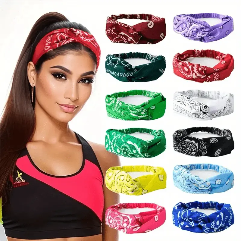 12pcs Boho Tie Knot Headbands for Women, Paisley Print Polyester Yoga Band Set, Quick Dry and Elastic Fit for Daily Workout