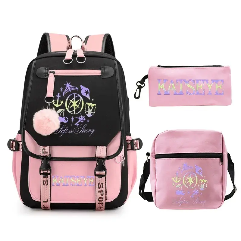 Girl Group 3-in-1 Adult Backpack Set - Black Pink Color Block Backpack, Crossbody Bag, Pencil Case with Fluffy Pom Pom Pendant, Large Capacity Casual Travel Storage Bag for Fans