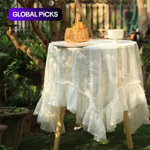 Floral Embroidery Tablecloth, 1 Count Boho Style Tablecloth with Lace Trim, Table Decoration Supplies for Home Kitchen Dining Room Outdoor Picnic Table Cover #GLOBAL PICKS
