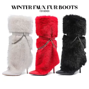 CELNEPHO Womens Winter Faux Fur Boots Pointed Toe Stiletto High Heels Side Zipper Metal Chain Design Knee High Warm Tall Snow Boots Party Date Gift Dress Shoes