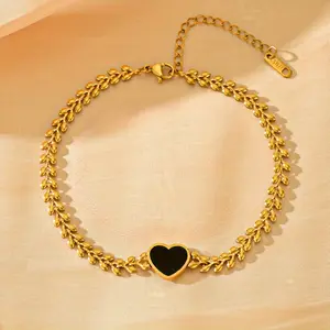 18K Gold-plated Elegant and Charming Black Heart-shaped Stainless Steel Women's Ankle Chain, Suitable for Beach Wear and Daily Vacation Accessories Cuban Link Bracelet