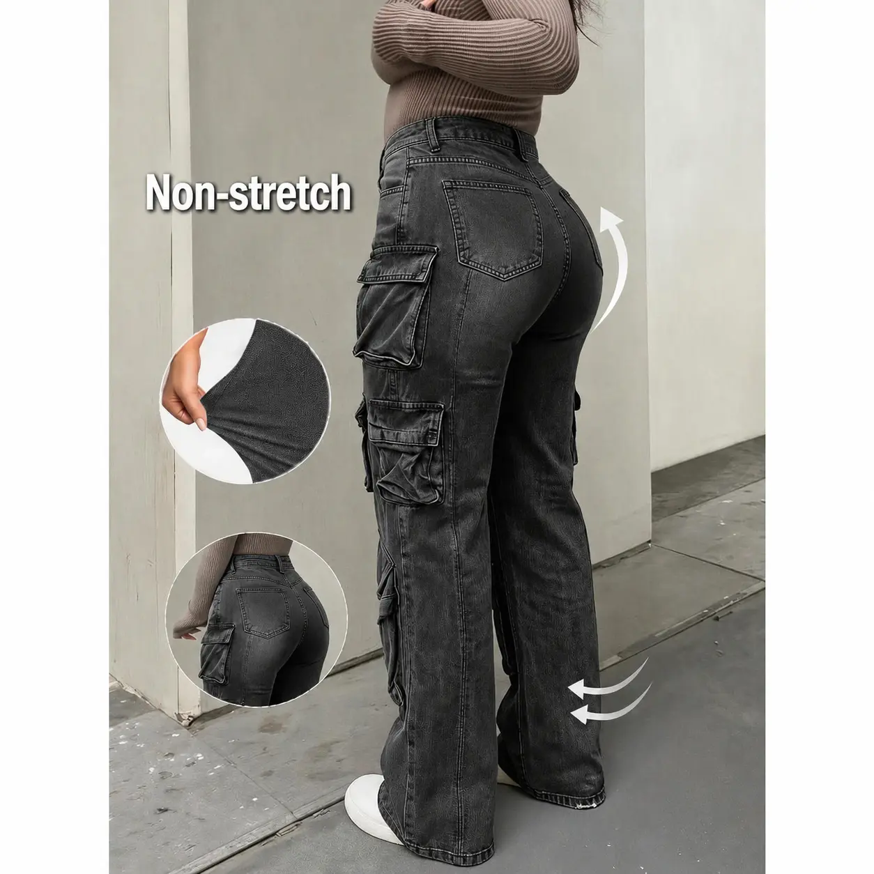 Women's High Waisted Cargo Jeans, Dark Gray Stretch Wide Leg Denim Pants with Multi Pockets for Casual Streetwear