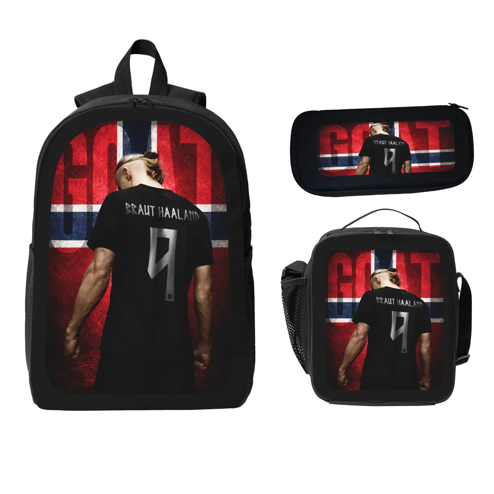 3-Piece Football Print Backpack Set for Boys, Polyester School Bag with Insulated Lunch Bag & Pencil Case for Soccer Fans, Back To School, Matching Set