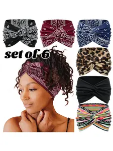 6 Packs Fashion Boho Turban Wide   Headband, Large Hairband Twisted Hair Accessories for Women, Knotted Head Wraps Turbans Non Slip Bandana Headbands, fit most head size, Great for yoga, running,makeup, dogwalk, parties and daily dress