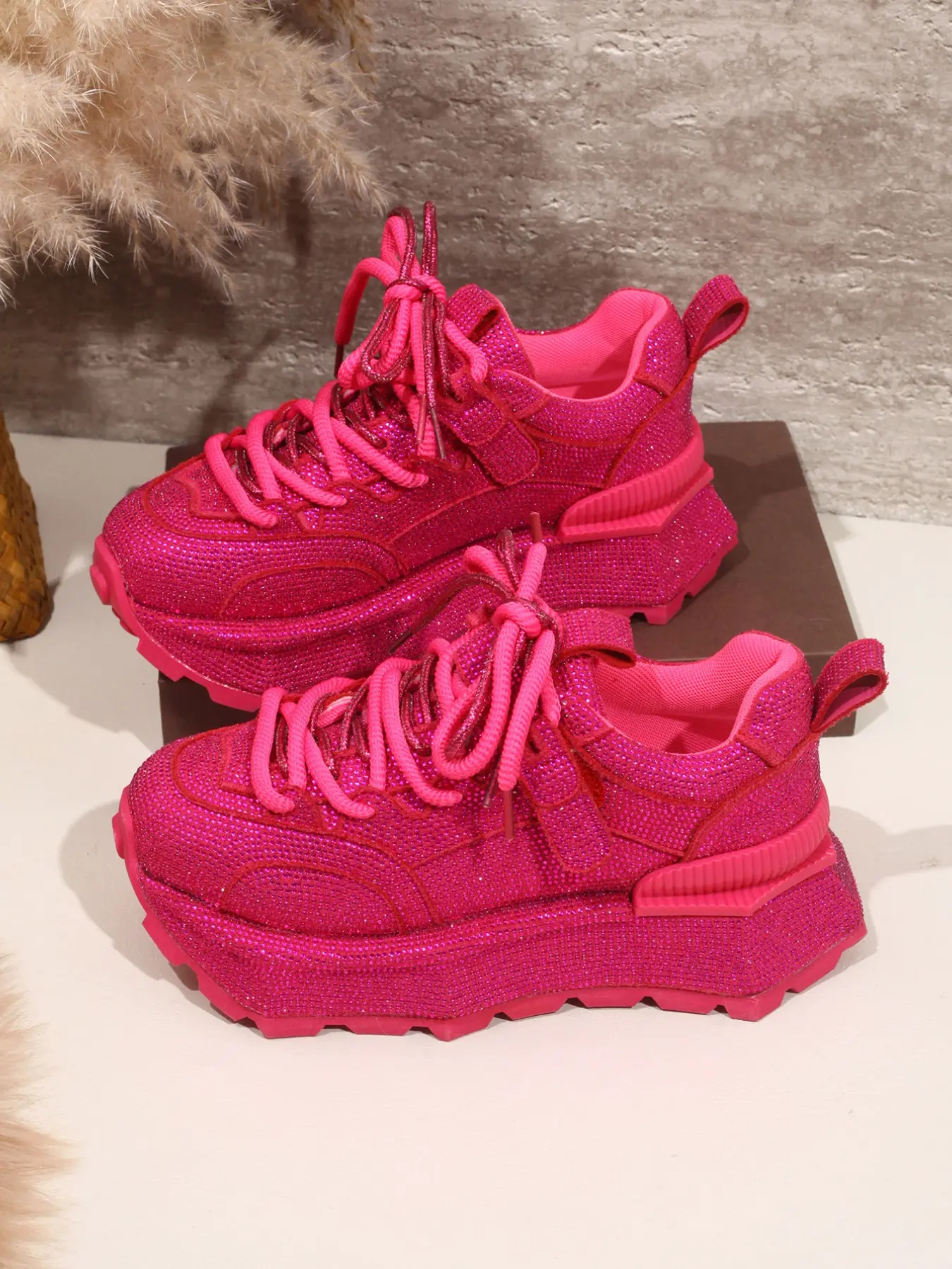 Spring Summer New Rhinestone Chunky Sole Dad Shoes for Women, Rose Full Diamond Shiny Height Increasing Casual Trainer Platform Sneakers Footwear, Thick Soled Shoes