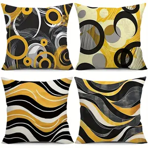 4pcs Modern Abstract Geometric Black and Yellow Wave Line Throw Pillow Covers  for Living Room, Sofa, and Chair Decor, Single-sided Printing Without Pillow Core