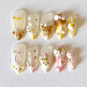 Sweet Bear Bakehouse Press-On Nails–Original Handmade Kawaii 3D Nail Set with Strawberries & Ribbons