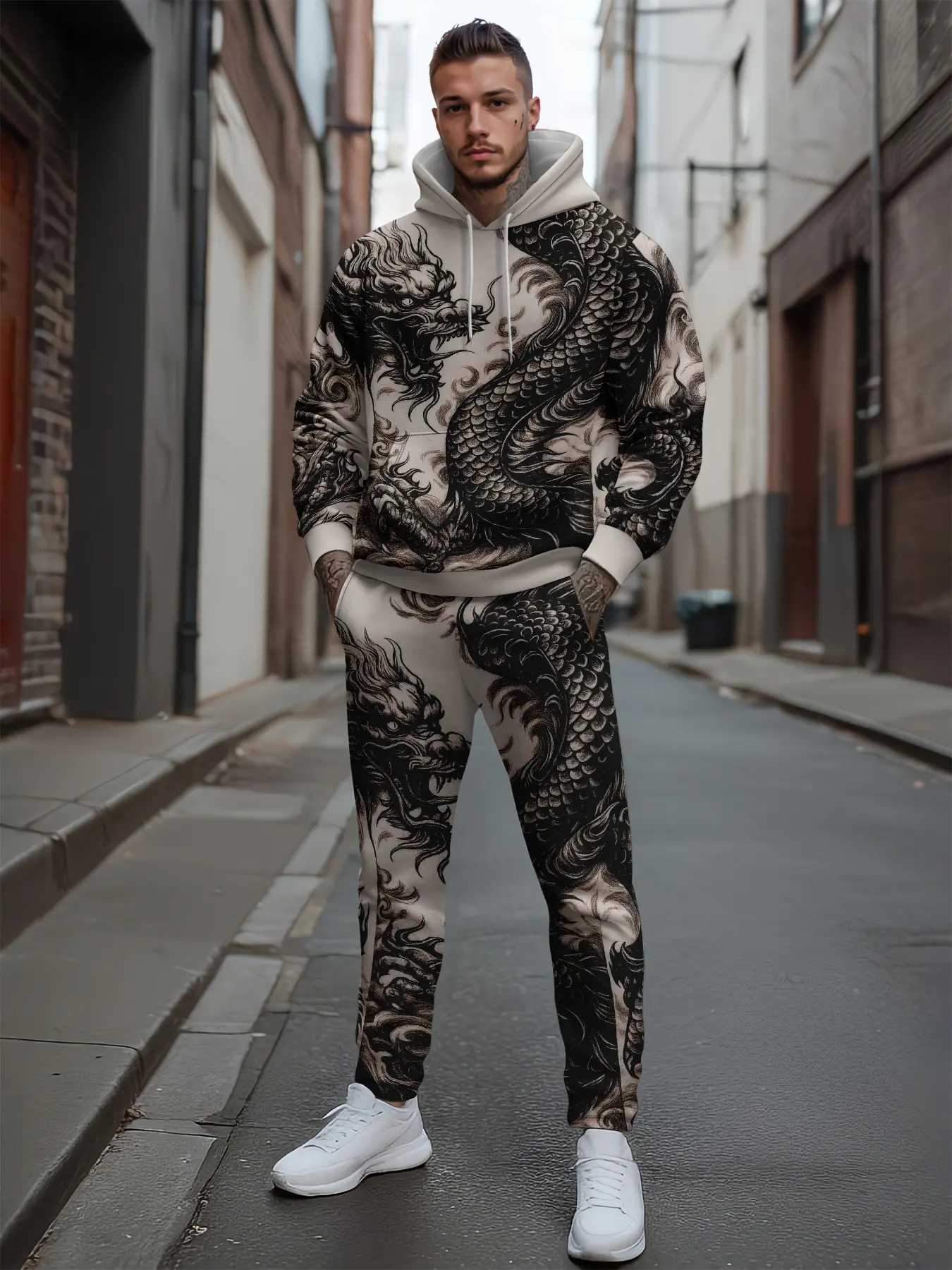 Men's Dragon Totem Print Hoodie & Pants Set, Casual Fitted Long Sleeve Sportswear, Outdoor Athletic Sportswear, Fall Winter Running Outdoor Wear, Hoodie Tracksuit, Athleisure Set, Athleisure Tracksuit Outfit, Sportswear For Running