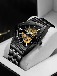 Men's Mechanical Watch, Business Gentleman Style, Luminous Hollow Design, Silver Color Band, Alloy Case, No Battery Needed, Skeleton Watches