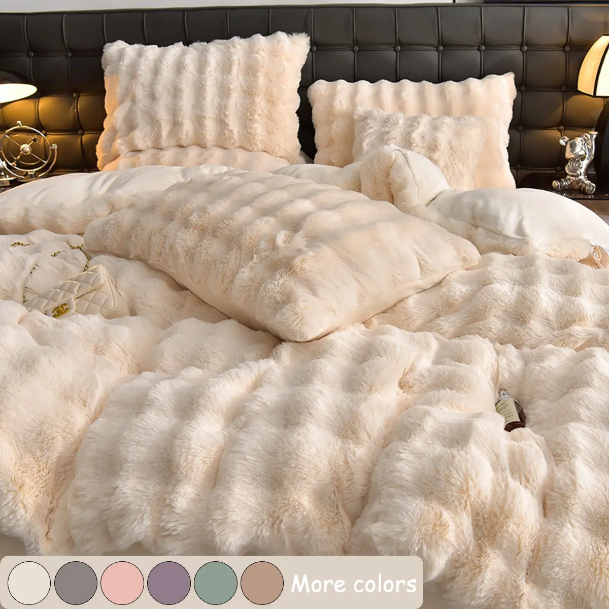 Faux Rabbit Fur, Fuzzy Fluffy Duvet Cover Set 3pcs, Comfy Bed Sets Supplies – Solid Color, Ultra Soft & Warm All-Season Bedding with Zipper Duvet Cover + 2 Pillowcases, Design for Bedroom, Living Room, Dorm, Perfect Christmas/Birthday/Housewarming Gift