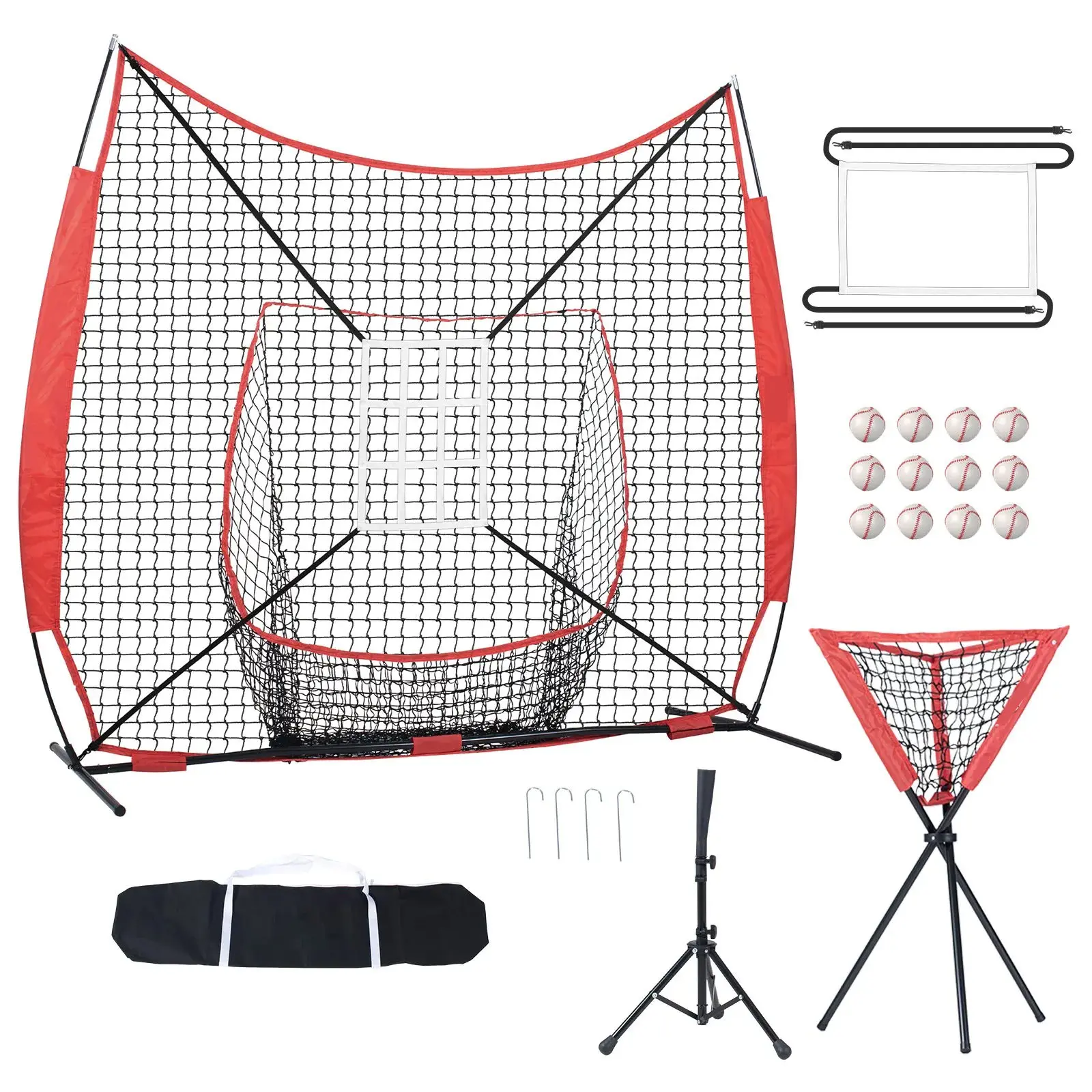 7x7 FT Baseball & Softball Practice Net Complete Training Set, Portable Bow Frame Backstop Net with Strike Zone Target, Batting Tee, 12 Training Balls, Triangle Ball Collector & 600D Oxford Carry Bag