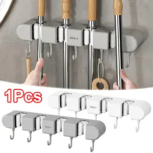 1pc No-Drill Wall-Mounted Mop Holder — Broom Rack with 4 Slots and 5 Hooks — Non-Marking Bathroom Broom Organizer — Self-Adhesive Wall Mount — Moisture-Proof, Durable Storage Solution for Kitchens, Bathrooms, and Closets