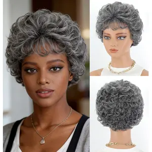 XIUFAXIRUSI XIUFAXIRUSI Grey Curly Wigs with Bangs Synthetic Wigs for Black Women Short Gray Curly Wigs for Women Shaggy Salt N Pepper Pixie Cut Full Wig2026