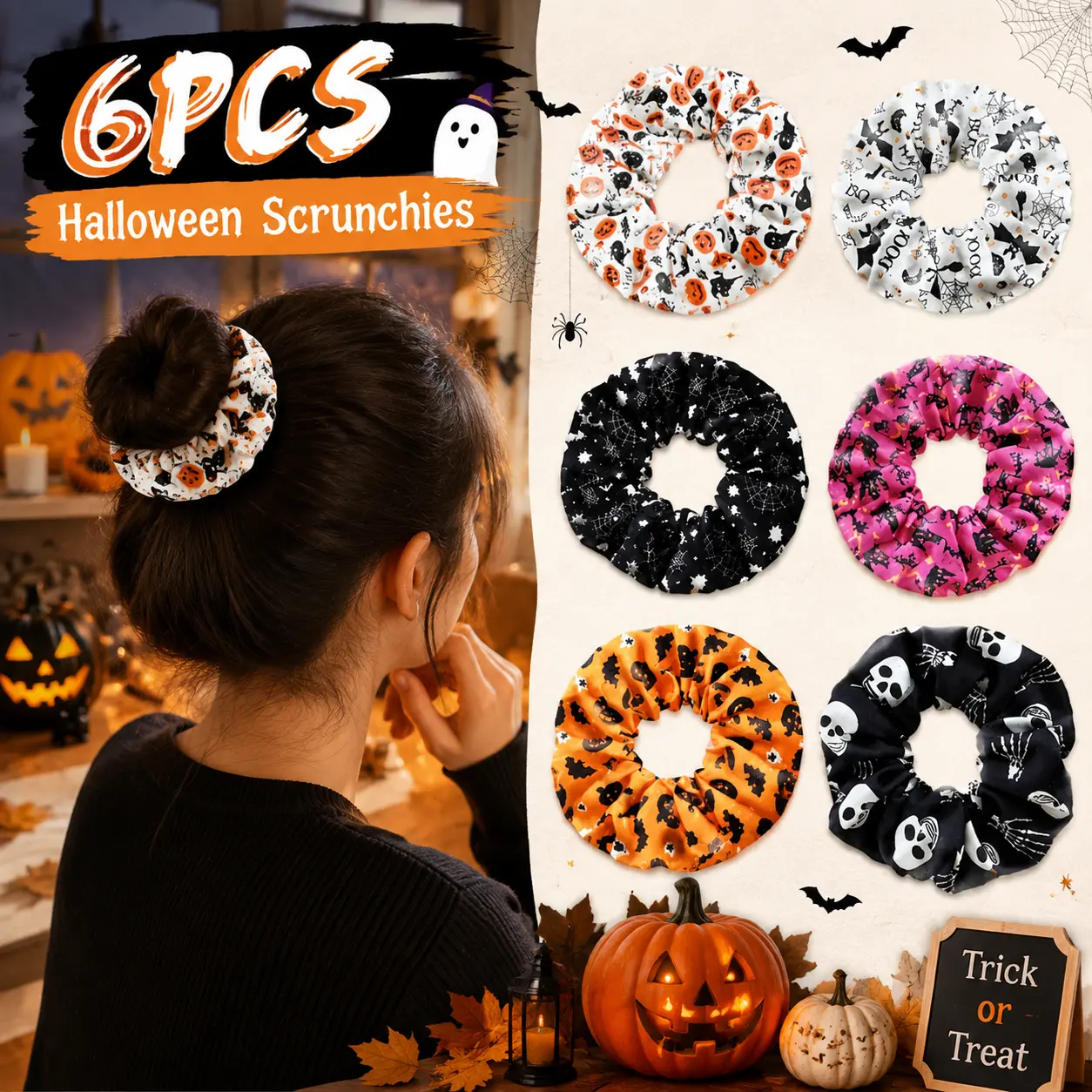6PCS Halloween Women's Scrunchies Set, High Elastic Non-Slip Hair Ties, Cute Y2K Gothic Hair Accessories, Fashionable Stretchy Scrunchie Bands for Daily Hairstyles & Halloween Party Looks