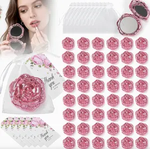 50 Sets Rose Compact Mirror Bulk - Quinceanera Party Favors for Guests, Wedding Favors, Bridal Shower & Sweet 16 Gifts - Includes Organza Bags and Thank You Tags(Pink) Sollkatte