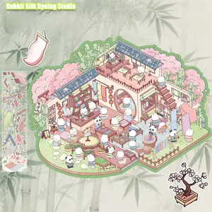 Four-sided Pink Bunny Miniature World Landscape Stickers Made of Transparent PET Material. Suitable for Luggage, Phone Cases, Laptops, Helmets, Skateboards, Waterproof Decorative DIY Creative Stickers.