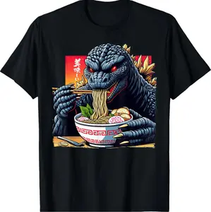Whimsical Kaiju Devouring Ramen Japanese Monster Enthusiast Birthday Tee Design