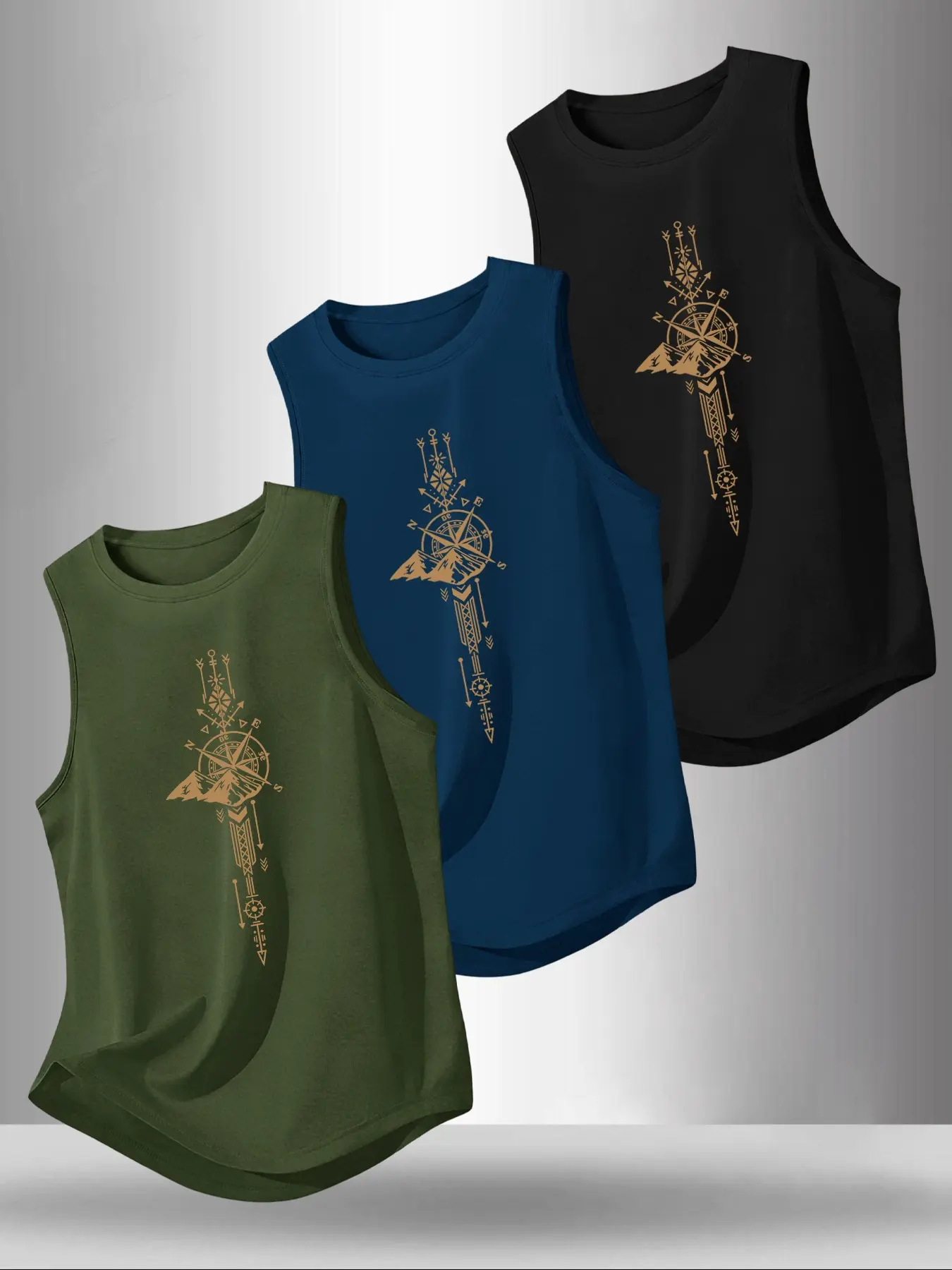 Men's Summer Casual Sleeveless Vest Compass Print, Outdoor Sports Wear, Daily Versatile, 3 Pack, Fitted Style, Casual Sporty Vest, Sleeveless Sports Vests