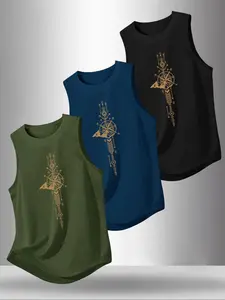Men's Summer Casual Sleeveless Vest Compass Print, Outdoor Sports Wear, Daily Versatile, 3 Pack, Fitted Style